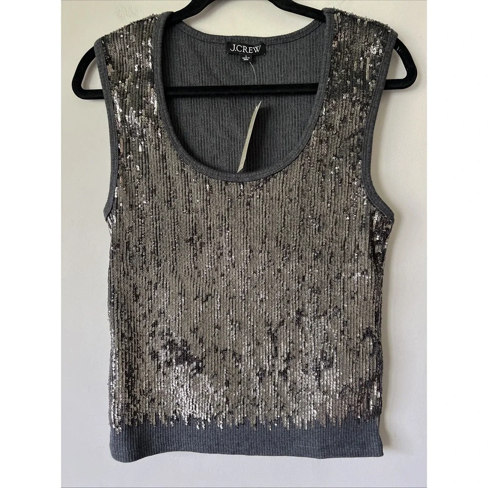 J. CREW Tank Top Womens L Gray Vintage Rib Sequin Embellished Knit Cropped Party